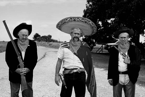 Photo of Dick Cheney, George W. Bush, and Donald Rumsfeld edited to look like Mexican banditos